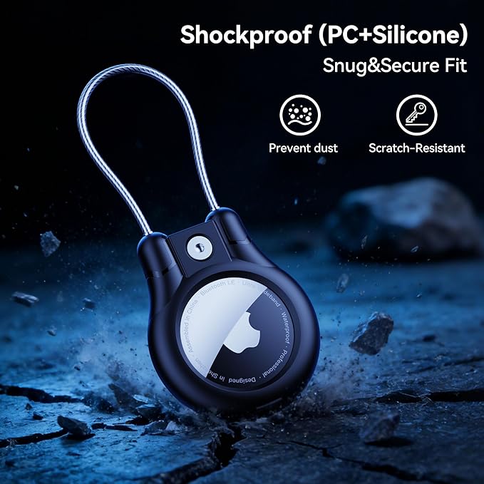 IPX8 Waterproof for AirTag Holder - 4 Pack Lock Case with Keychain for Apple AirTag 1st & 2nd Generation, Air Tag Keyring with Wire Cable, Secure AirTag Cover for Keys, Kids, Luggage, Bags, Pet Collar