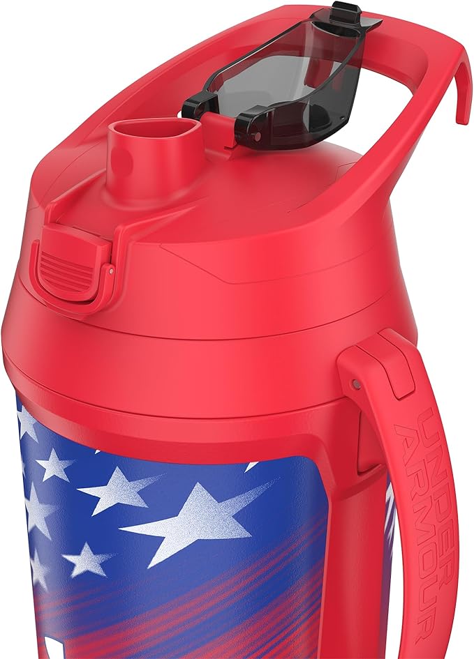 Under Armour Half Gallon Water Bottle Insulated, 64oz Insulated Water Bottle with Handle, Fence Hook, Leak Resistant, for Baseball, Football & More, Red Americana