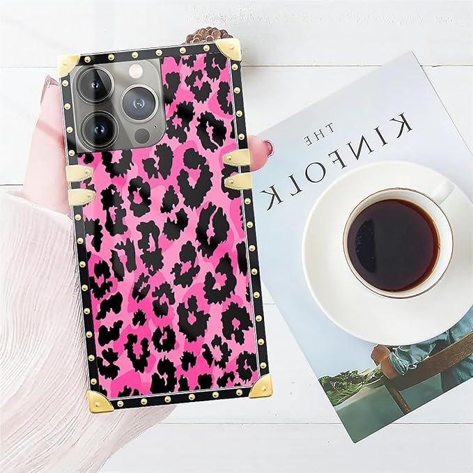 Compatible with iPhone 14 Pro Case, Pink Black Leopard Luxury Golden Decoration for Girl Women Soft TPU Shockproof Protective Hard PC Back for iPhone 14 Pro