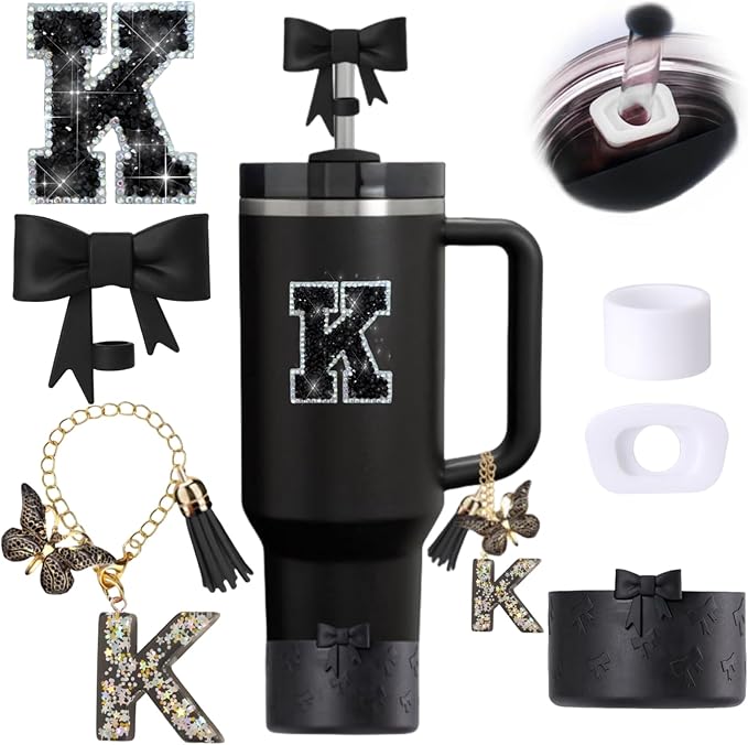 6pcs Black Stanley Cup Accessories Set, Bow Straw Topper for Stanley Cup 30oz 40oz, Including Straw Topper and Bow Silicone Boot, Stoppers Spill Proof, Handle Charm, Initials Sticker