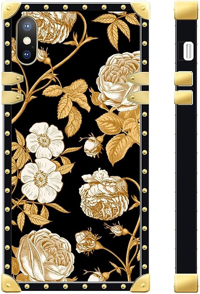 Compatible with iPhone Xs Max Case, Blooming Rose Golden Flower Luxury Golden Decoration for Girl Women Soft TPU Shockproof Protective Hard PC Back for iPhone Xs Max
