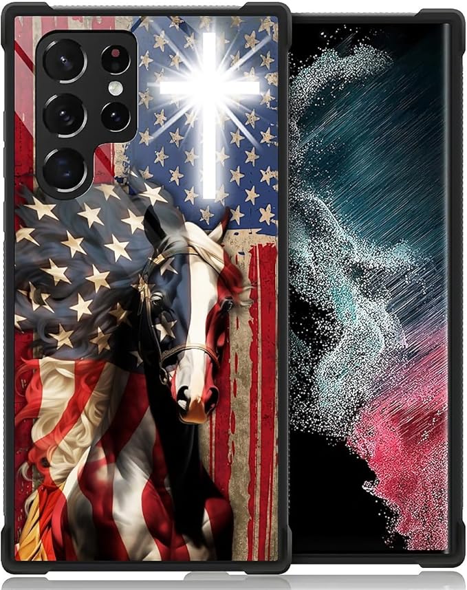 for Samsung Galaxy S22 Ultra Case, Red American Flag Horse Cross Pattern Graphic Design Girl Boy Soft Silicone Hard Acrylic Shock Protection for Samsung Galaxy S22 Ultra