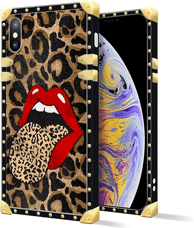 Compatible with iPhone XR Case, Brown Leopard Print Mouth Luxury Golden Decoration for Girl Women Soft TPU Shockproof Protective Hard PC Back for iPhone XR