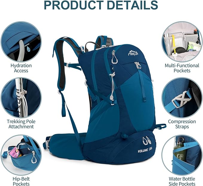 IX INOXTO Hiking Backpack, 26L/40L Waterproof Hiking Daypack with 3L Water Bladder and Rain Cover, Lightweight Travel Camping Backpack for Men Women (Blue)