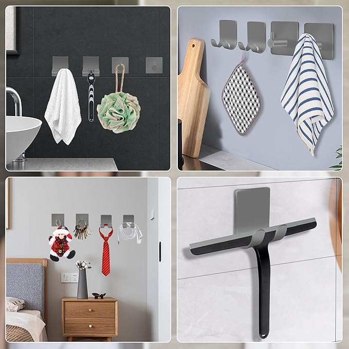 CGBE 4 Pack Shower Hooks - Self Adhesive Shaver Holder Hanger for Bathroom, Damage Free Wall Hooks for Razor, Loofah Sponge - Grey