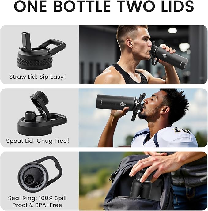 RAYMYLO Insulated Water Bottle 40 oz, Triple Wall Vacuum Stainless Steel (Cold for 36Hrs, Hot for 18Hrs), Leak Proof & Non-BPA, Modern Water Flask Jug with Paracord Handle & Straw Spout Lids