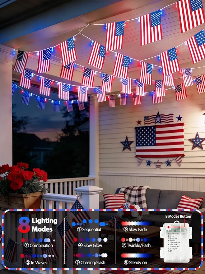 4th of July Decoration, 24FT 50LED Red White and Blue String Lights 25 American Flags, Battery Operated Patriotic Lights Waterproof 8 Modes, Remote & Timer for 250th Anniversary Independence Day Decor