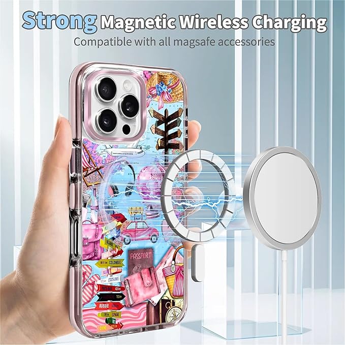 Case for iPhone 16 Pro,[Compatible with MagSafe],Cover Holiday Trip World Map Phone Case Design，for Women Girls Magnetic Clear Cover - Slim, Sleek, & Shockproof Protection