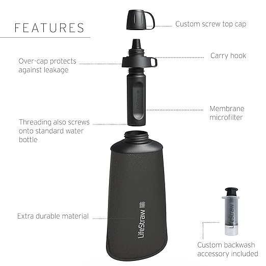LifeStraw Peak Series - Collapsible Squeeze Bottle Water Filter System – 650ml for Trail Running, Through Hiking, Travel, Cycling, and Fishing; Dark Mountain Gray