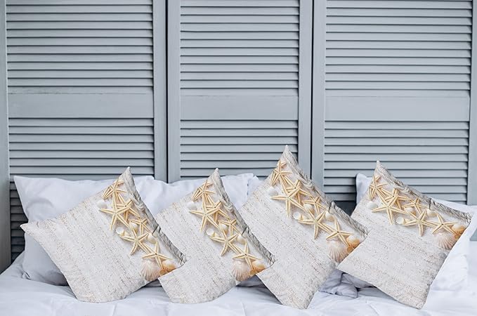Ambesonne Seashells Throw Pillow Cushion Case Pack of 4, Starfish Marine in Vertical Direction Wood Surface Ocean Beach Nautical Print, Modern Accent Double-Sided Digital Printing, 18", Ivory Cream