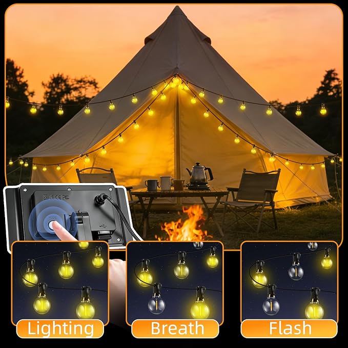 Solar Lights Outdoor Waterproof: G40 60M 200FT Shatterproof Bulbs Patio Lights - Solar Powered 3 Light Modes Solar Light - Camping Backyard Garden Deck Outside Yard