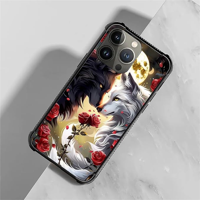 for iPhone 14 Pro Case, Black White Wolf Moon Flower Rose Pattern Graphic Design Girl Boy Soft Silicone Hard Acrylic Shock Protection for iPhone 14 Pro