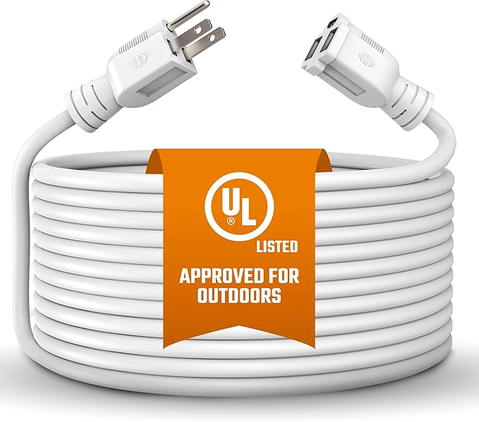 Heavy Duty Extension Cord/Wire Power Cable, Indoor/Outdoor, 16/3, Single Outlet, 20 Feet, UL Listed, White