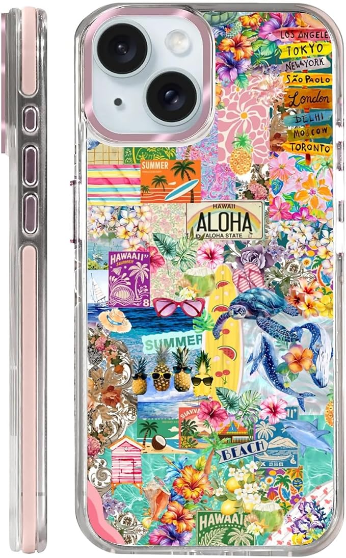 Case for iPhone 14 Plus/15 Plus,[Compatible with MagSafe],Hawaii Aloha Cover Coastal Beach Collage Phone Case Design，for Women Girls Magnetic Clear Cover - Slim, Sleek, & Shockproof Protection