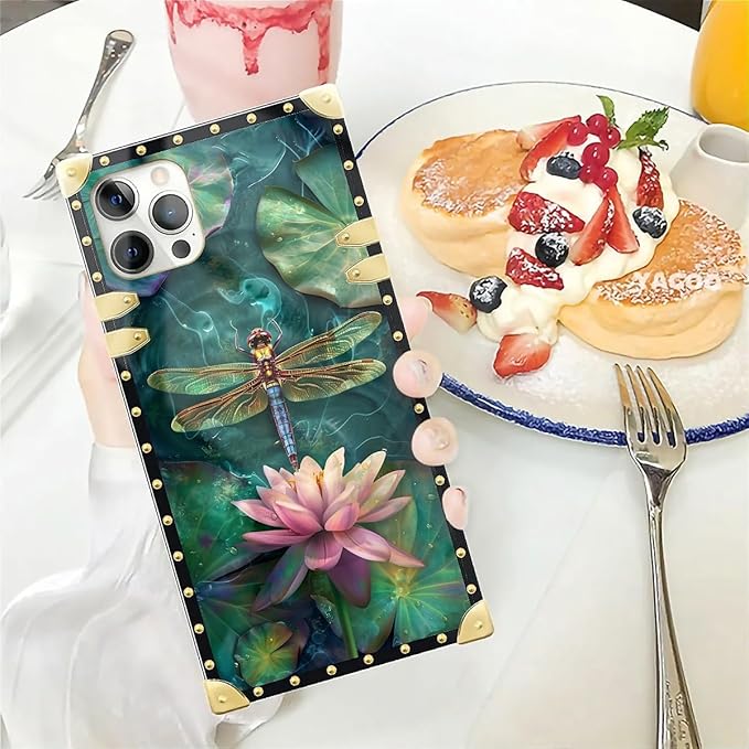 Compatible with iPhone 12 Case, Colourful Dragonfly Pink Lily Pads Luxury Golden Decoration for Girl Women Soft TPU Shockproof Protective Hard PC Back for iPhone 12 Pro