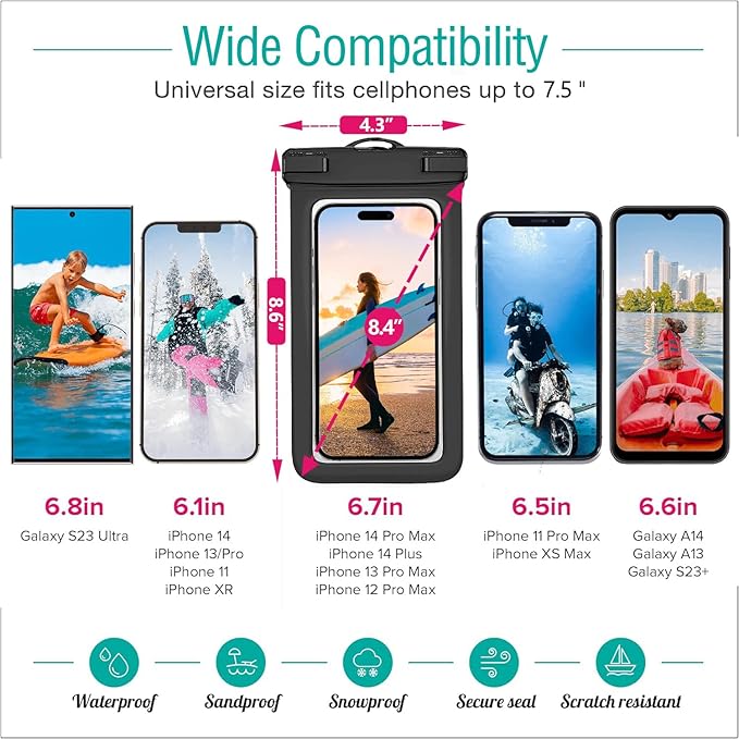 Waterproof Case Compatible with iPhone 14 Pro Max/13/12/11/XR/X/SE/8/7, Galaxy S22/S21 Google up to 7.5" IPX8 Dry Bag Vacation Essentials (Balck-4)
