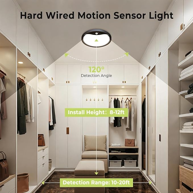 hepside 4 Pack Motion Sensor Ceiling Light Wired, 3000K/4000K/6500K LED Flush Mount Ceiling Light Fixture, 8.7Inch 18W Motion Sensor Light with Timer for Closet Stair Porch Hallway Pantry,Black