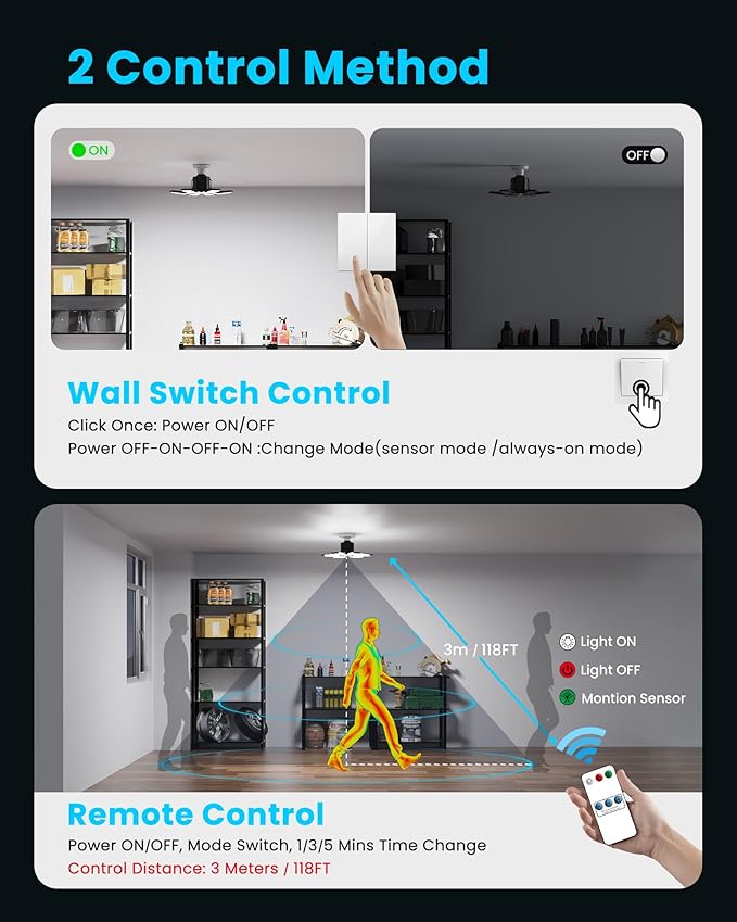 Motion Sensor Garage Light 200W 20000LM, Deformable LED Sensing Shop Lighting with Timer Setting - 6500K Bright Motion Activated Light Bulb for Basement/Workshop/Attic