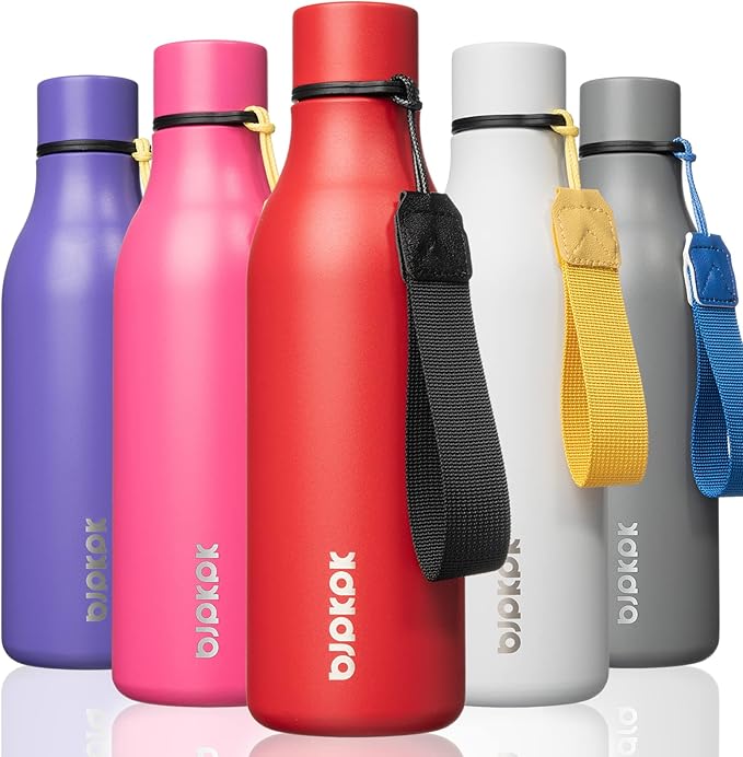 BJPKPK Insulated Water Bottles, 18 oz Stainless Steel Metal Water Bottle with Strap, BPA Free Leak Proof Jugs, Mugs, Flasks, Reusable Thermal Flasks for Sports & Travel, Red