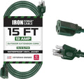 Iron Forge Cable Weatherproof 15 Ft Outdoor Extension Cord - 16/3 SJTW Heavy Duty Green Extension Cord 3 Prong - 13 Amp Exterior Power Cable