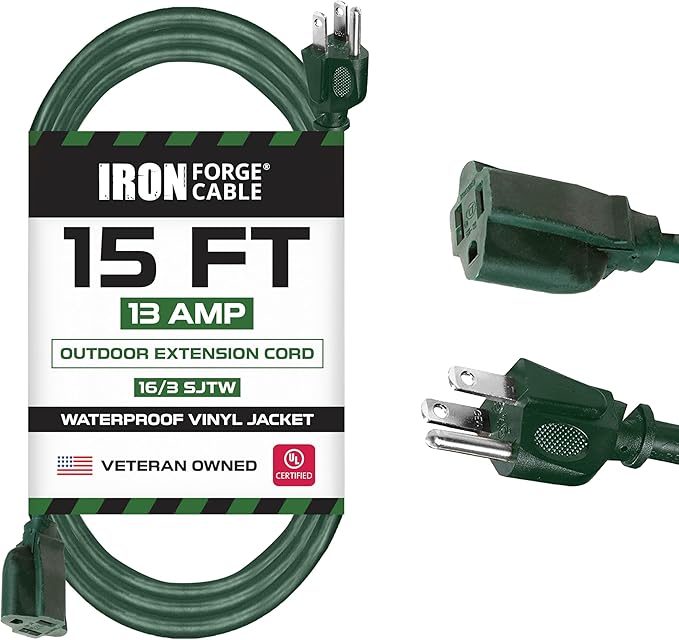 Iron Forge Cable Weatherproof 15 Ft Outdoor Extension Cord - 16/3 SJTW Heavy Duty Green Extension Cord 3 Prong - 13 Amp Exterior Power Cable