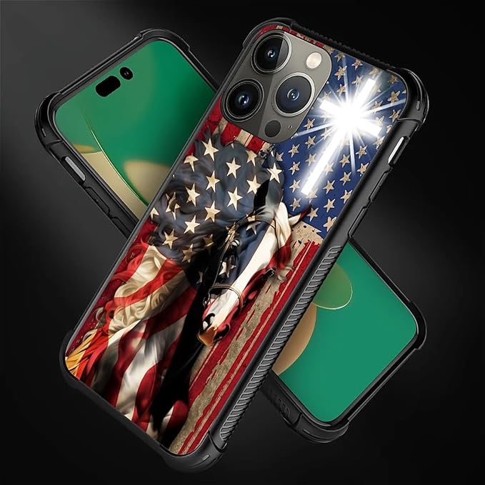 for iPhone 14 Pro Case, Red American Flag Horse Cross Pattern Graphic Design Girl Boy Soft Silicone Hard Acrylic Shock Protection for iPhone 14 Pro
