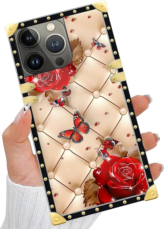 Compatible with iPhone 14 Pro Case, Shining Red Rose Butterfly Leather Background Luxury Golden Decoration for Girl Women Soft TPU Shockproof Protective Hard PC Back for iPhone 14 Pro