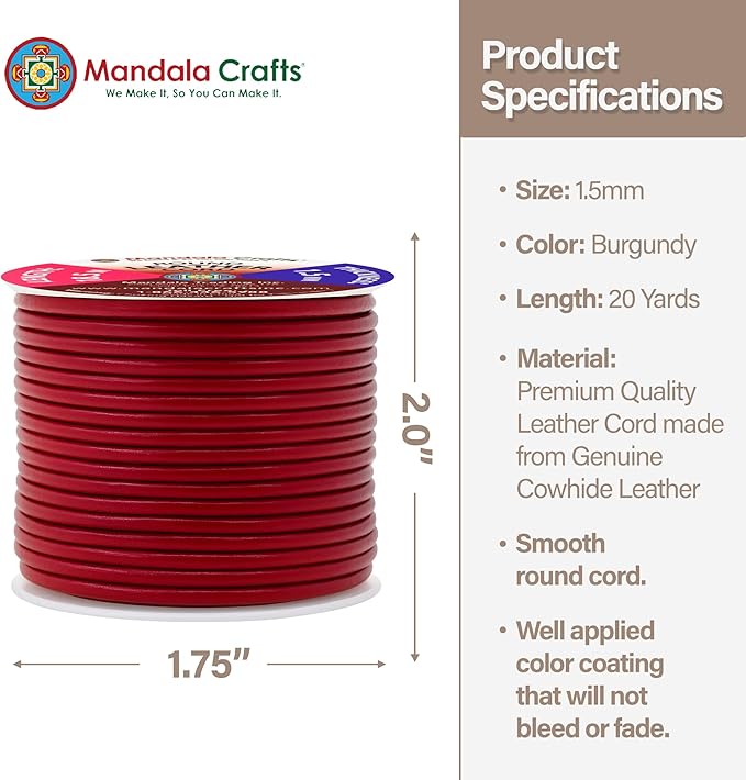 Mandala Crafts Round Genuine Burgundy Leather Cord for Jewelry Making – 1.5mm Cowhide Leather Rope String Lace for Kumihimo – 20 Yards Cowhide Craft Cording Spool