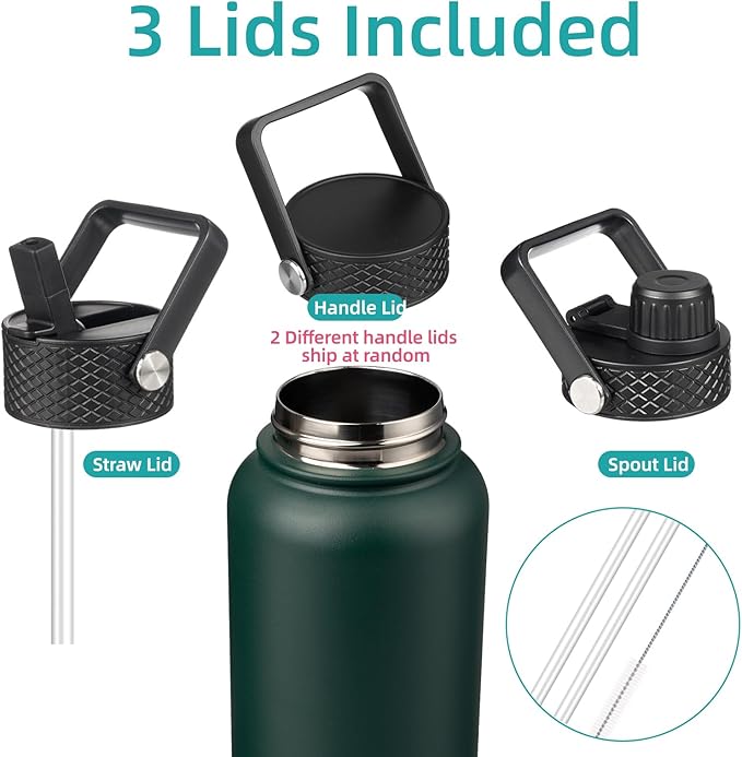 Konokyo 40oz Insulated Water Bottle Stainless Steel Sport Bottles with 3 Lids,Army Green