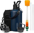 Insulated Water Bottle 64oz,Triple Wall Vacuum Stainless Steel(Dishwasher Safe),Leak Proof & Non-BPA,Flask Jug with Paracord Handle & Straw Spout Lids Sports Navy Blue