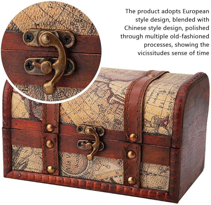 Hilitand Pirate Treasure Chest Vintage Handmade Decorative Wooden Box Trinket Jewelry Storage Case Home Decoration(Map)