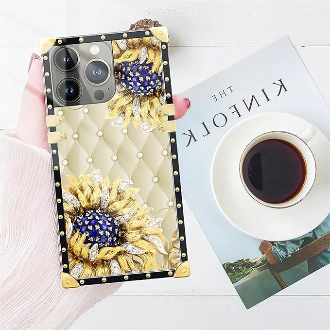 Compatible with iPhone 15 Pro Max Case, Sunflower Diamonds Leather Luxury Golden Decoration for Girl Women Soft TPU Shockproof Protective Hard PC Back for iPhone 15 Pro Max