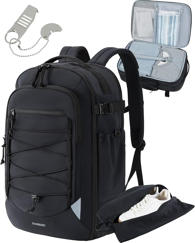 BAGSMART Carry On Travel Backpack, 17.3 Inch Large Travel backpack Carry On Flight Approved, Personal Item Backpack Travel Bag With Shoe Bag, 27L Water Resistant Casual Daypack, Black