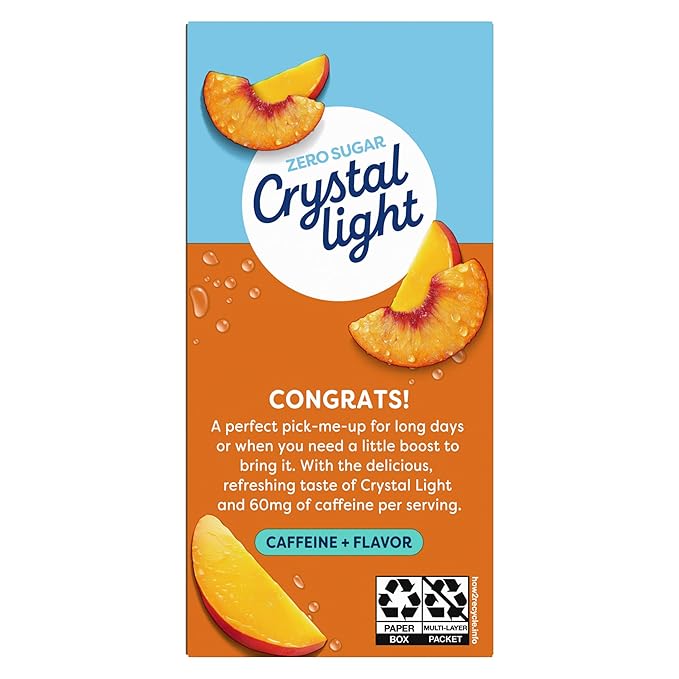 Crystal Light On The Go Peach Mango With Caffeine Drink Mix, 10-Packet Box, 0.7 OZ (Pack of 6)