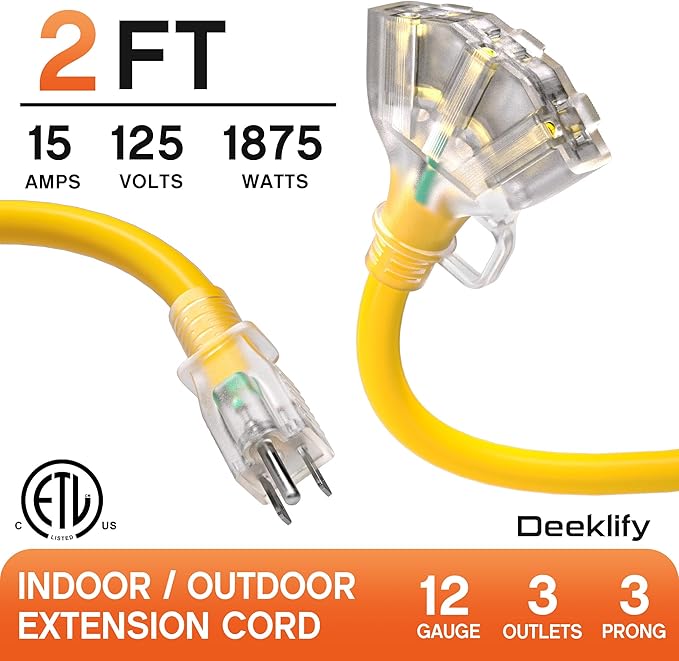 2 ft 12 Gauge Heavy Duty 3 Outlet Extension Cord Splitter with Indicator, Waterproof Outdoor Extension Cord with Multiple Outlets, 15A 1875W for Workshop, ETL Listed, Flexible Yellow SJTW