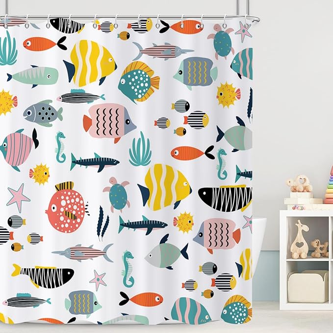 Kid Shower Curtain, Colorful Cartoon Tropical Fish Ocean Beach Theme Bath Curtain Waterproof Fabric Machine Washable with Hooks, 36" Wx72 L