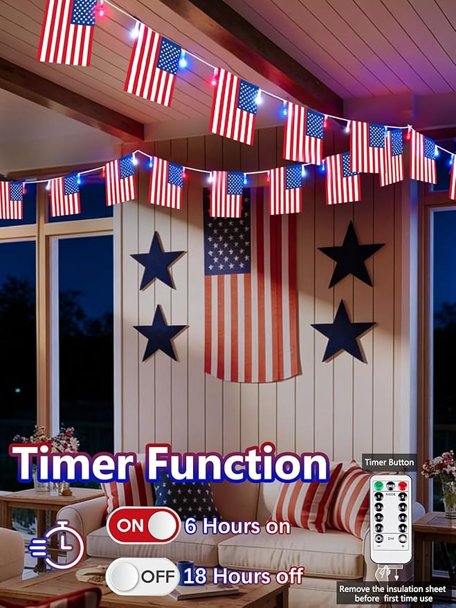 4th of July Decoration, 24FT 50LED Red White and Blue String Lights 25 American Flags, Battery Operated Patriotic Lights Waterproof 8 Modes, Remote & Timer for 250th Anniversary Independence Day Decor