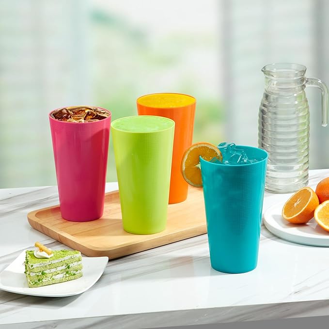 Plastic Cups Large Tumblers 35-ounce Reusable Drinking Glasses set of 8-Multicolor Unbreakable Drinkware, BPA-free, Microwave Safe