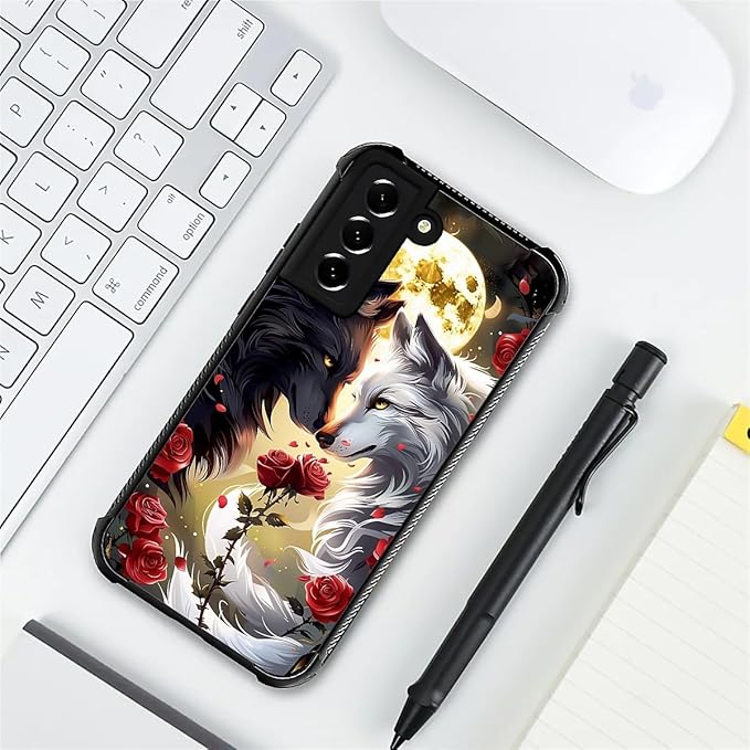 for Samsung Galaxy S22 Plus Case, Black White Wolf Moon Flower Rose Pattern Graphic Design Girl Boy Soft Silicone Hard Acrylic Shock Protection for Samsung Galaxy S22 Plus