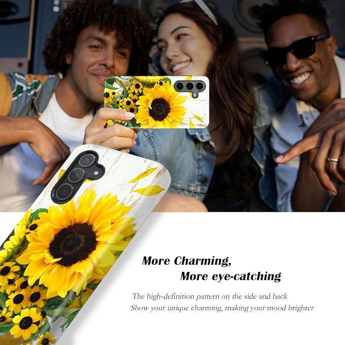 Compatible for Samsung Galaxy A36 5G Case, Dual Layer Heavy Duty 2 in 1 Shockproof Protective Phone Case,Wood Grain Sunflowers