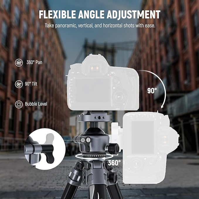 NEEWER LITETRIP LT07 61" Aluminum Travel Tripod for Camera w Pan Tilt Low Profile Ball Head, Arca QR Plate Compatible with PD Tripod Plate, Dual Center Axis, Phone Holder, Max Load 22lb
