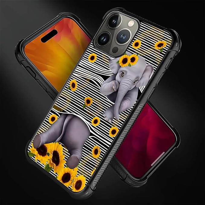 for iPhone 16 Pro Case, Cute Little Elephant Sunflower White Line Art Pattern Graphic Design Girl Boy Soft Silicone Hard Acrylic Shock Protection for iPhone 16 Pro