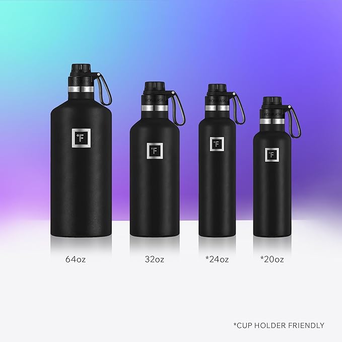 IRON °FLASK Camping & Hiking Hydration Flask with Spout, Narrow Mouth Insulated Stainless Steel Sports Water Bottle - Midnight Black 24 oz - Spout (1 Lid)