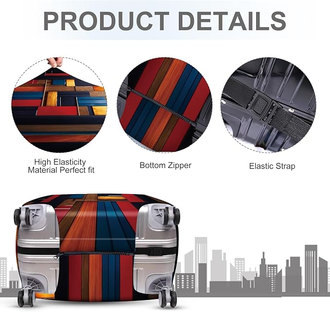 ANNA QUEEN Modern Geometric Wood Luggage Cover, Abstract Panel Suitcase Protector for 24-26 Inch Luggage