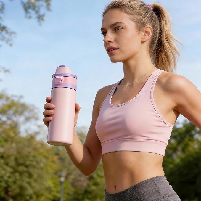 Fijinhom 24 oz Insulated Water Bottle with 2-in-1 Straw and Spout Lid, Stainless Steel Double Wall Vacuum Flask, Sports Water Bottle Keeps Cold 24H, Leak Proof for Gym, Outdoor, Travel (Pink)