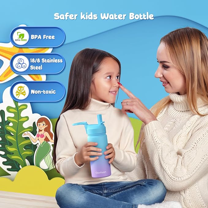 Kids Water Bottle, 2-Pack 16oz Kids Water Bottle with Stickers for School, insulated Stainless Steel Straw Cup(Gray+Blue)