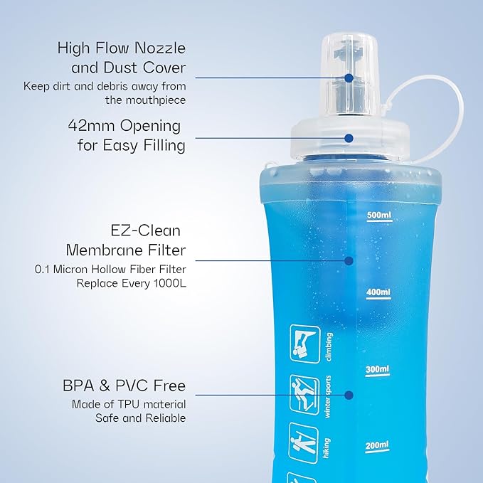 GUYI 1.0L Collapsible Water Filter Bottle, Removes Impurities, BPA Free, Ultralight for Hiking, Camping, Cycling & Travel-Blue