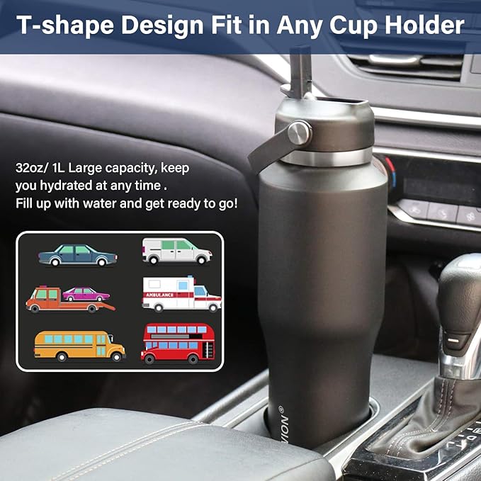 HYDROWION 32oz Water Bottle, Double Wall Vacuum Stainless Steel Insulated Water Flask with Straw Lid, Spout Lid and Flex Cap(Cold for 48 Hrs, Hot for 24 Hrs), Leakproof Travel Thermo Mug, Black&Grey