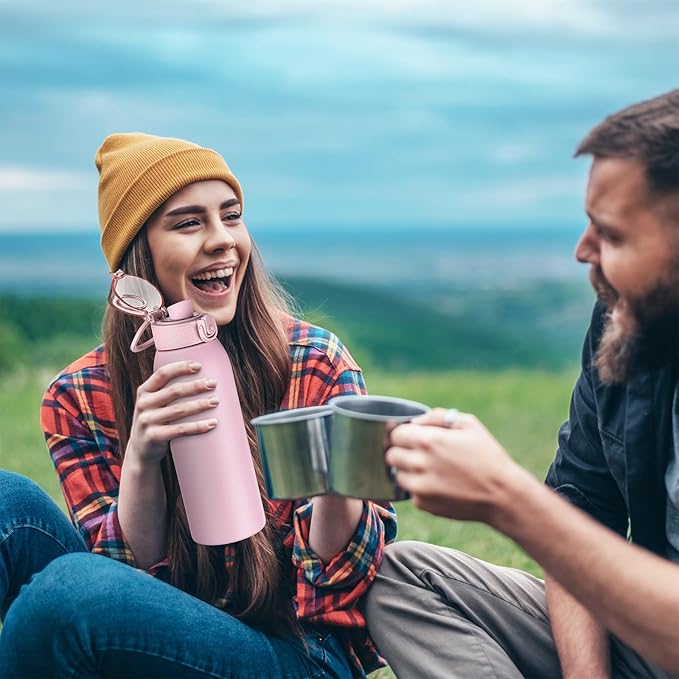 Insulated Water Bottle 24 oz with Dustproof Lid, Carry Handle & Tea Infuser, BPA-Free & Leakproof, Stainless Steel Water Bottles Ideal for Fitness, Hiking, Office & Outdoor Use （ Water Pink）