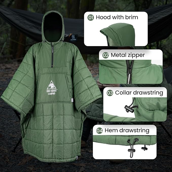 ONETIGRIS Camping Blanket Poncho with with Recycled Synthetic Insulation,Wearable Hoodie Blanket | Ultralight Water-Resistant Warm Camping Blanket for Outdoor, Hiking, Stadium